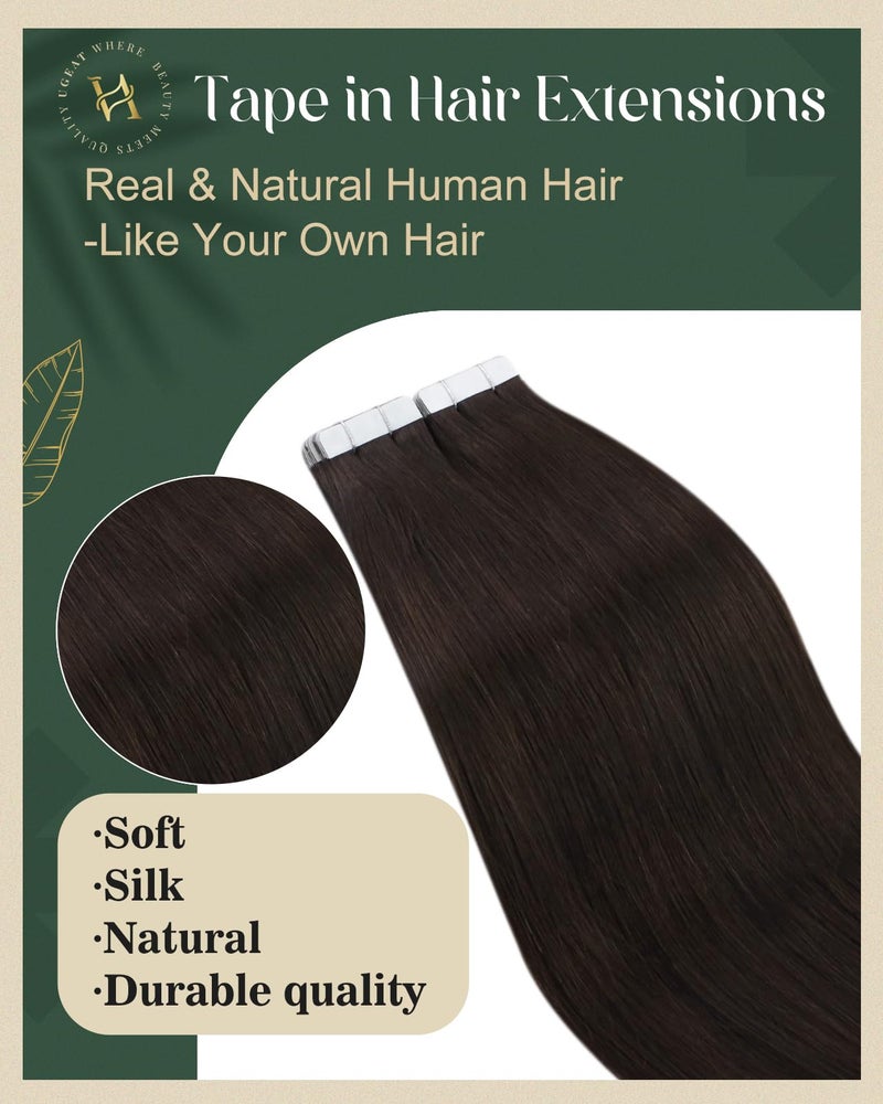 Ugeat Tape in Hair Extensions Human Hair Dark Brown Seamless Invisible Tape in Hair Extensions Brown Color Lightweight Straight Long Real Remy Human Hair for Girl Party Wear 22Inch 20Pcs 50G - Image 2